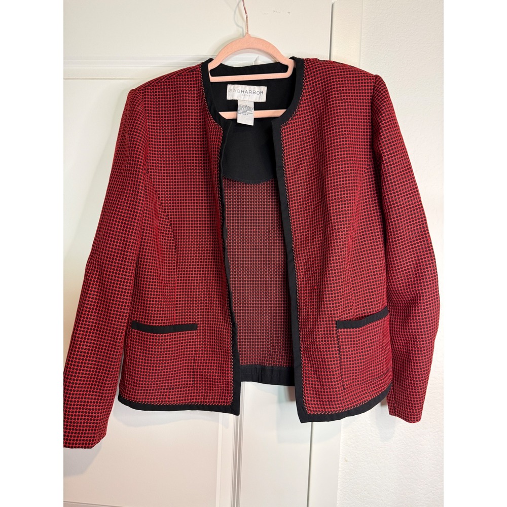 Sag Harbor Red Black Houndstooth Open Front Blazer Jacket Womens Size 12